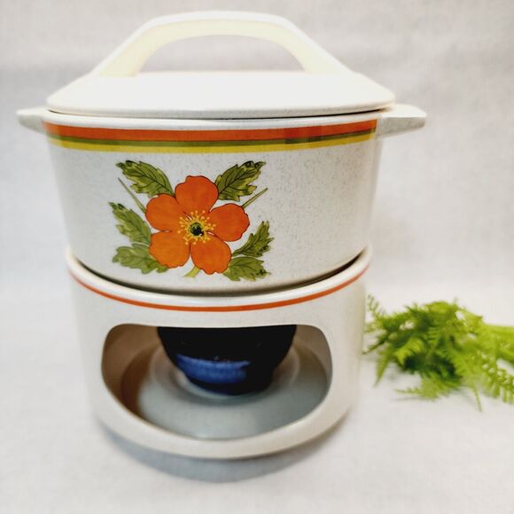 Vintage Orange Poppy Fire Flower Temper-Ware Lenox Casserole Lid Stand 1970s Mod - Picture 2 of 11